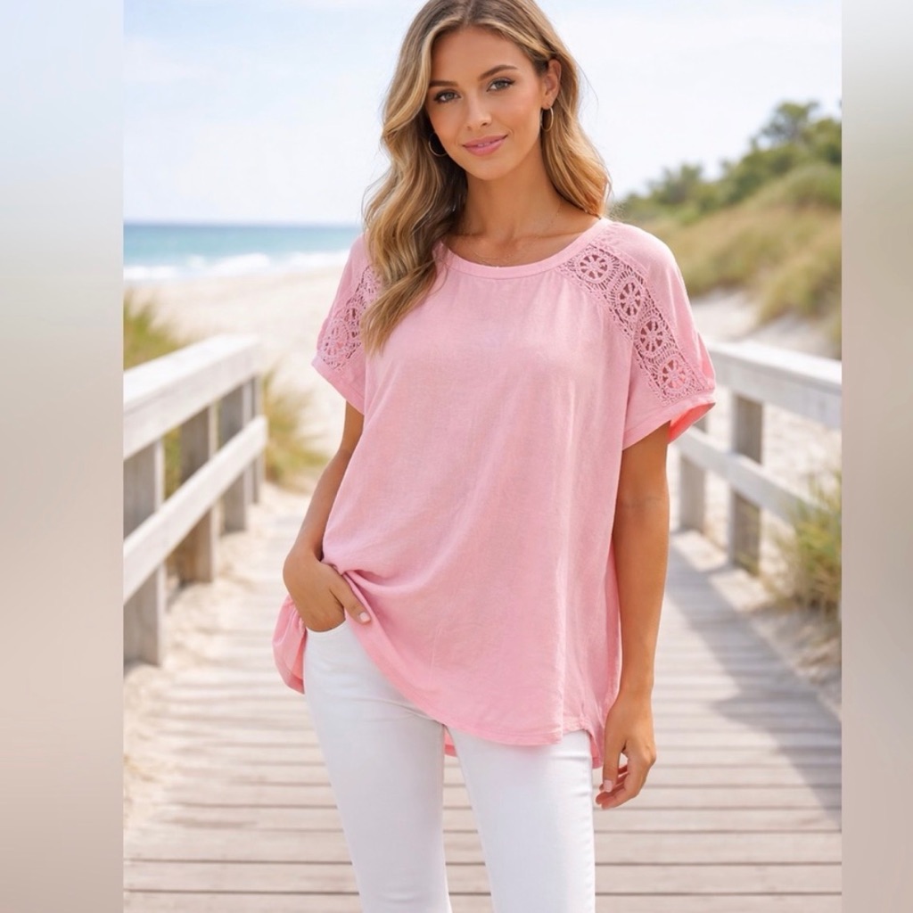 New Bluevelvet Light Pink Crochet Inset Short Sleeve Raw Edge Oversize T-Shirt